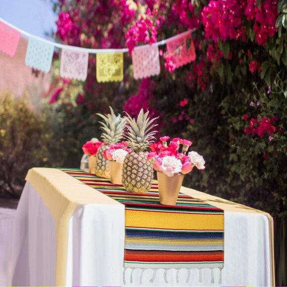 Mexican handwoven cotton table runner 14x84in - Picture 2 of 6